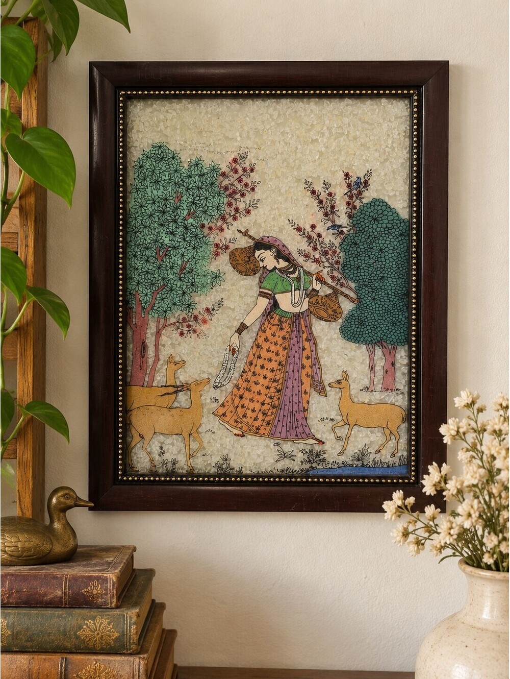 Vintage Rajasthani Crushed Gemstone Painting Woman With Deer India Framed